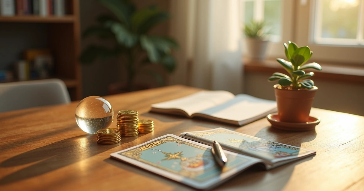 Mesa com cinco elementos que representam prosperidade financeira organizados de forma harmoniosa 