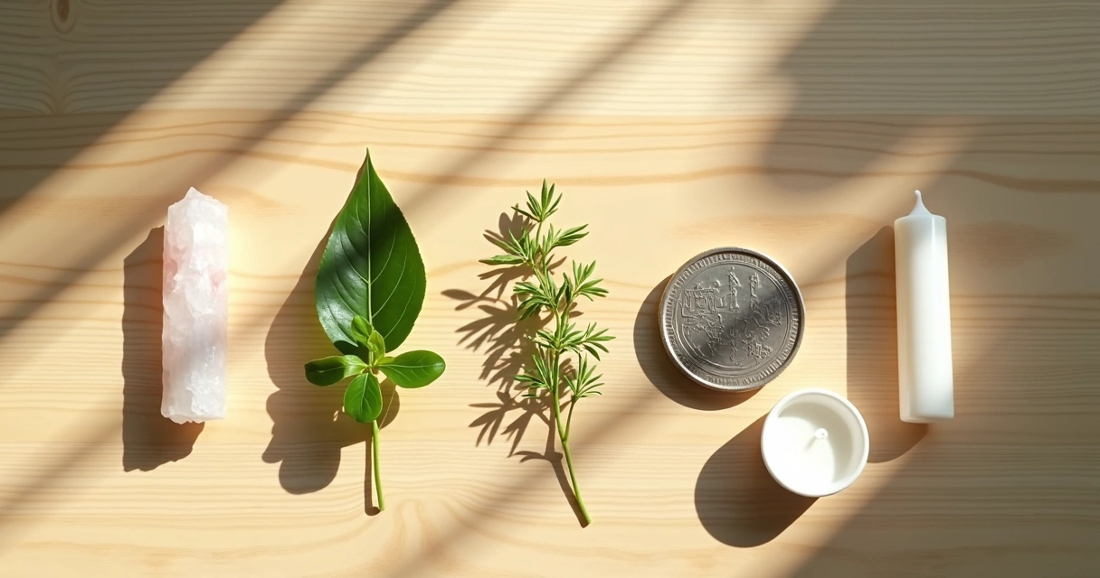 Cinco ingredientes naturais sobre superfície de madeira clara, representando caminhos de prosperidade.