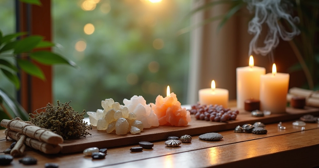 Mesa com cinco ingredientes para prosperidade: cristais, ervas, velas, incenso e amuletos, em ambiente calmo e iluminado 