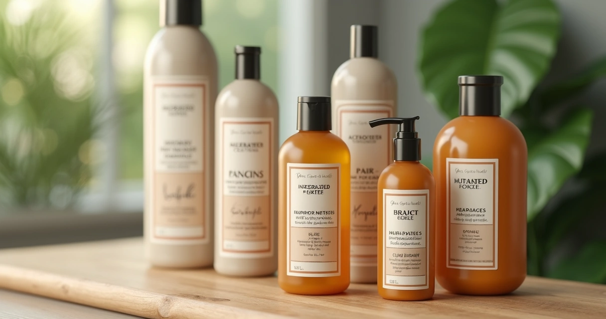 Frascos de produtos capilares com rótulos destacando ingredientes químicos como parabenos e ftalatos 
