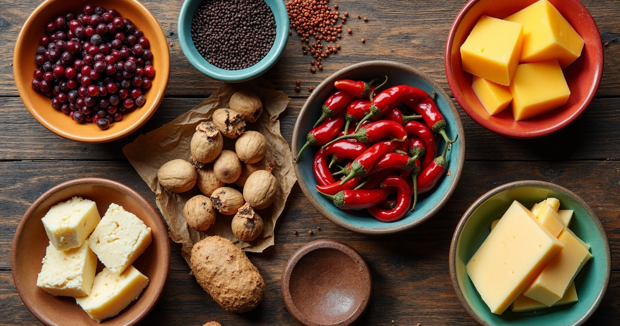 Ingredientes regionais brasileiros vistos de cima, em tigelas de cerâmica 