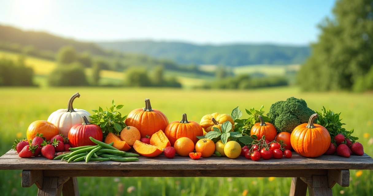 Mesa rústica com diversos ingredientes sazonais frescos ao ar livre em campo ensolarado 