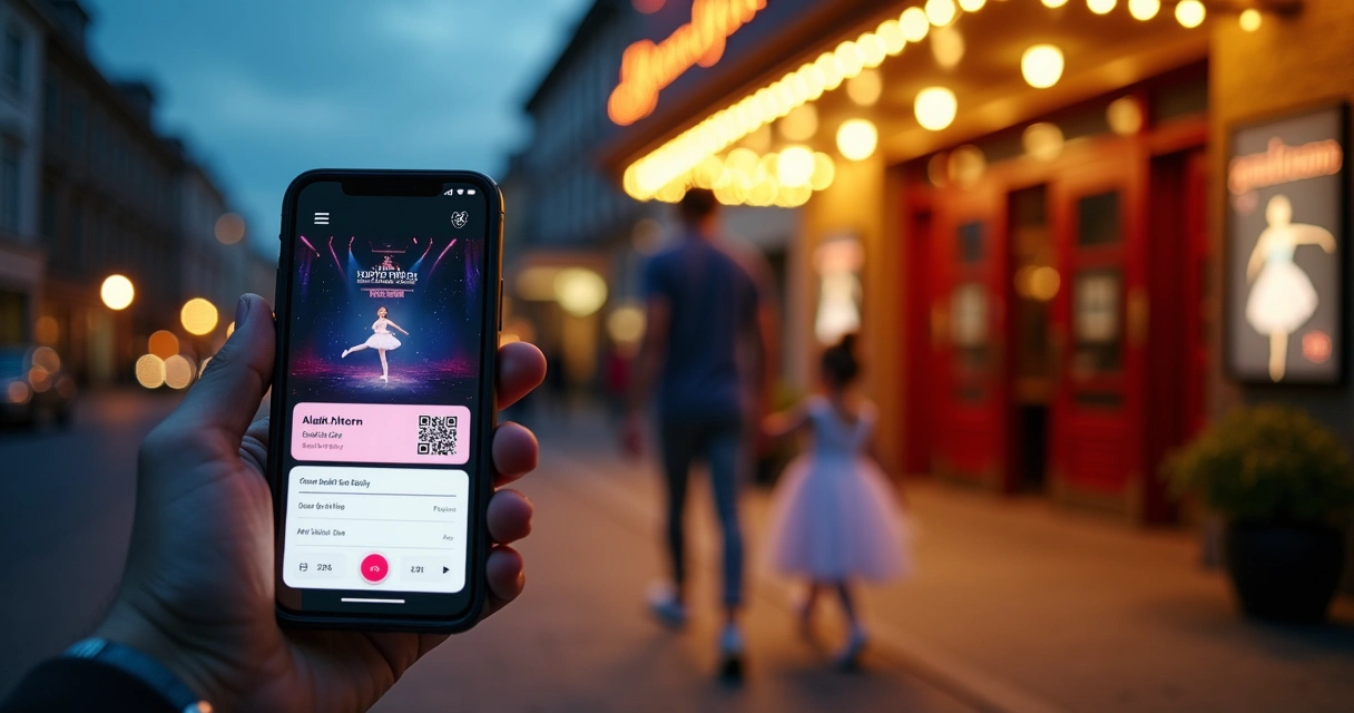 Responsável exibindo ingresso digital de ballet no celular em frente ao teatro 