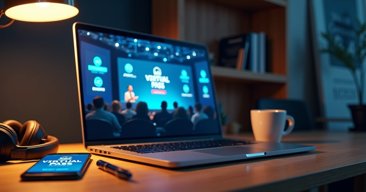Mesa com laptop exibindo conferência de marketing em tela cheia e ticket virtual ao lado 