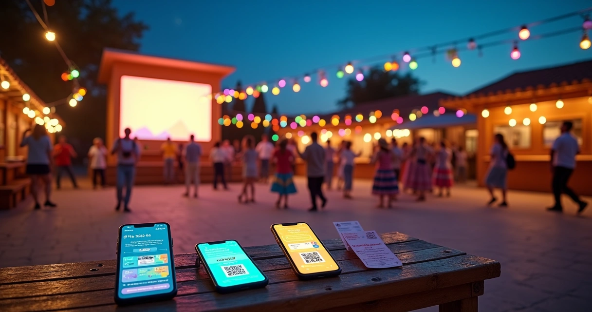 Palco de festa junina moderno com telão exibindo ingressos digitais 