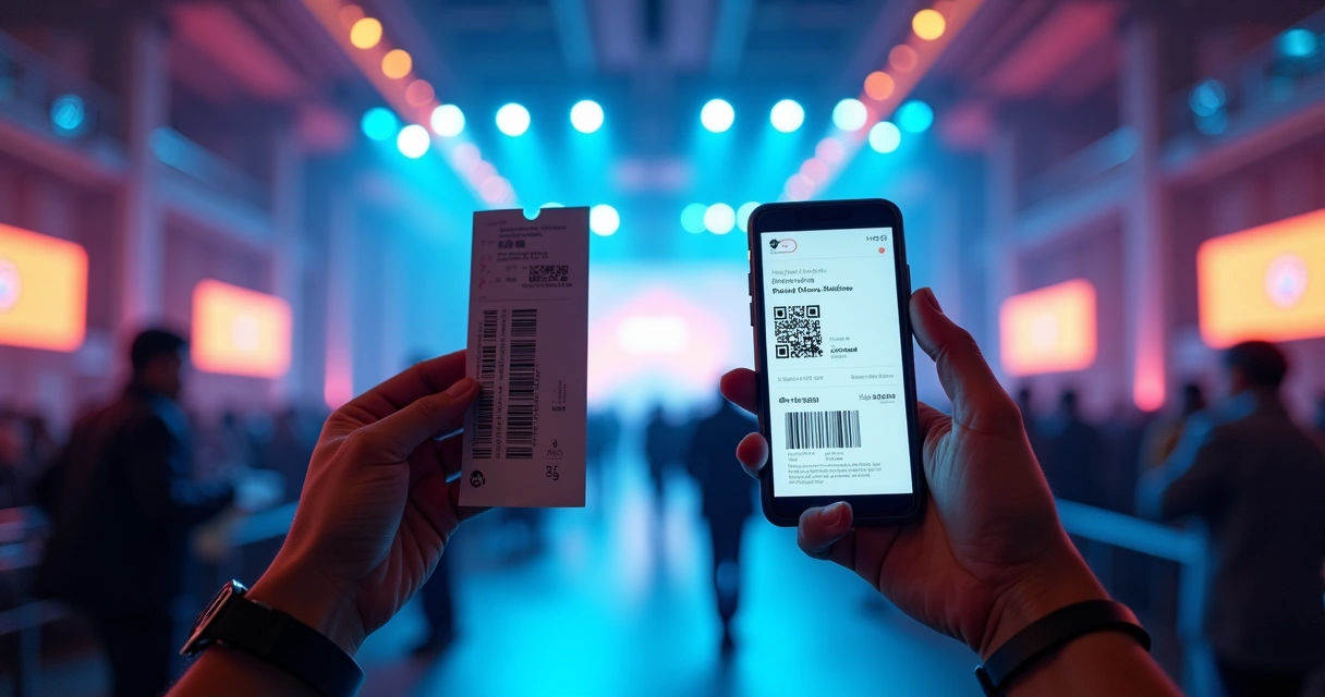 Comparação visual entre ingresso digital em smartphone e ingresso de papel em frente a palco moderno 
