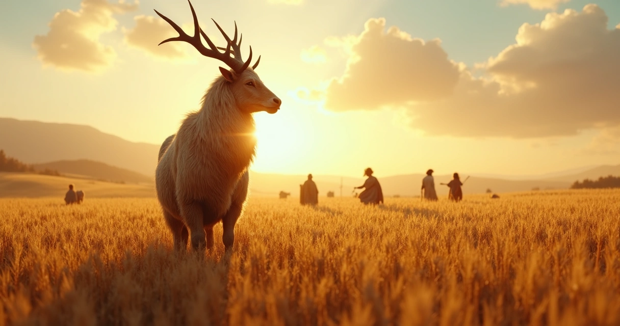 Norse god Frey with golden fields and people celebrating harvest 