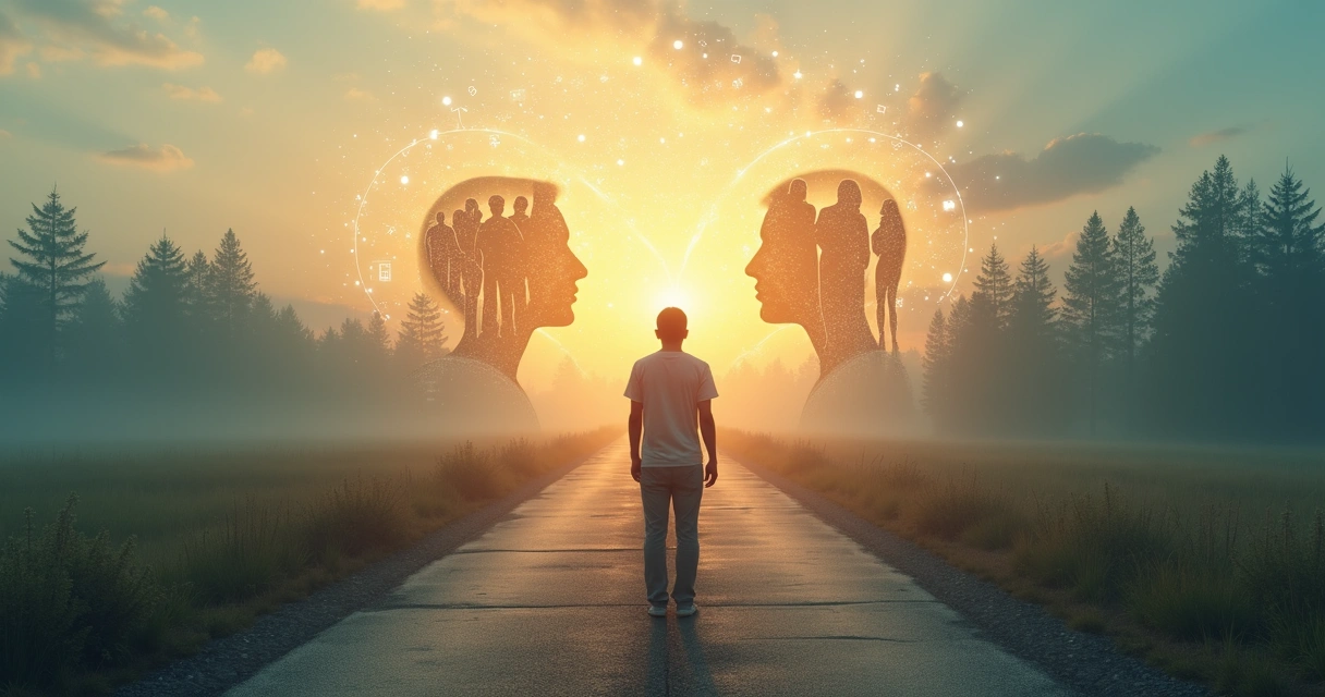 Person at crossroads with family silhouettes shaping their thoughts 