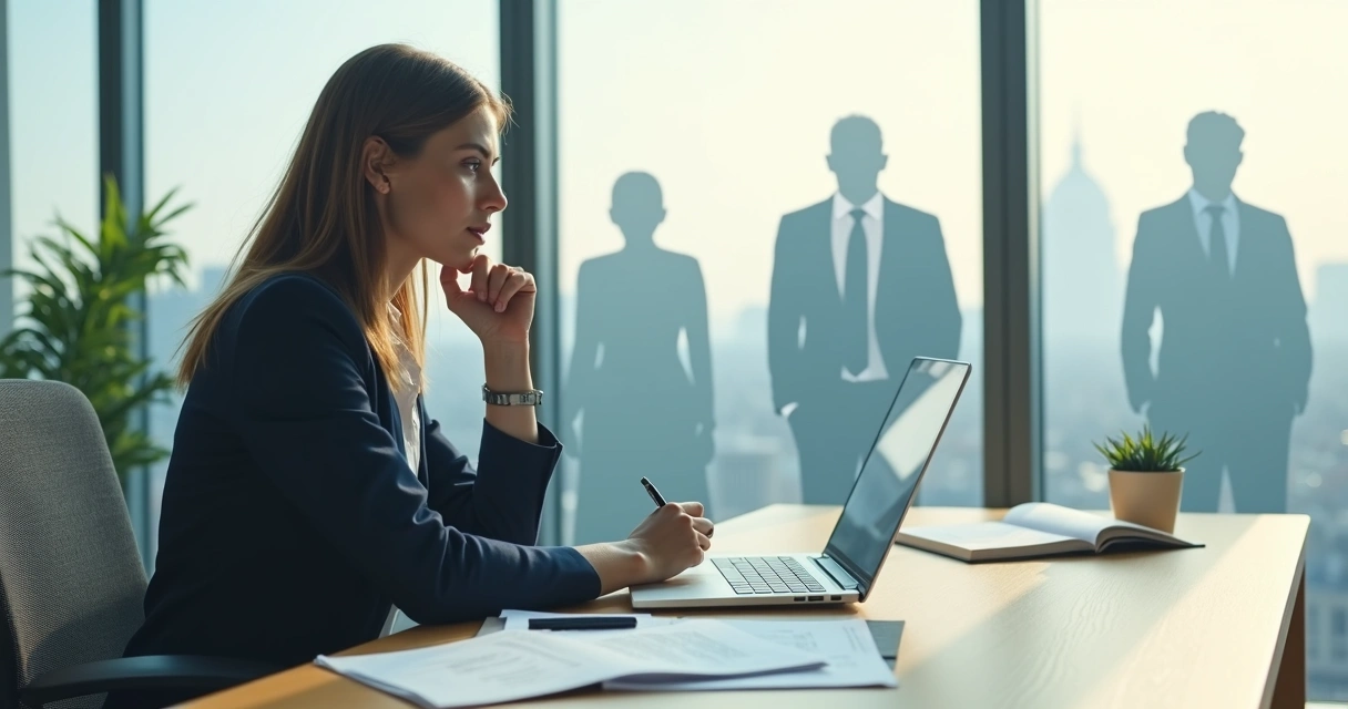 Professional woman in office surrounded by ghostlike family silhouettes behind her 