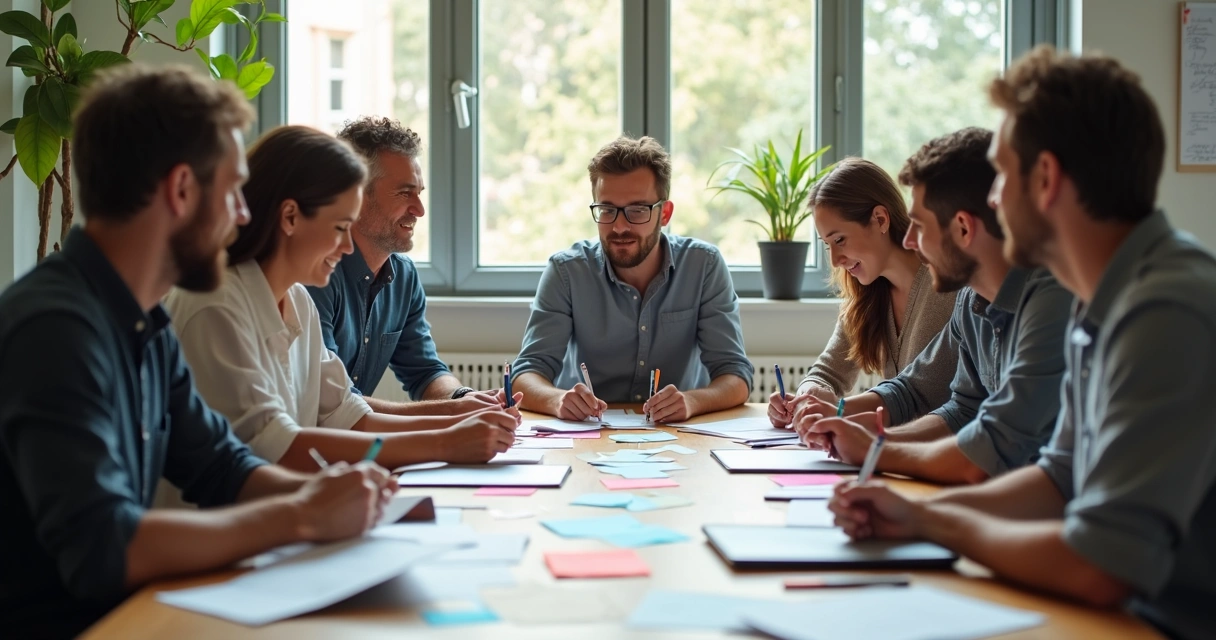 Equipe reunida com papéis e post-its em mesa de reunião 