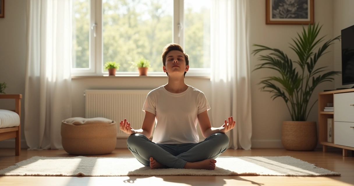 Pessoa sentada em casa praticando meditação em ambiente tranquilo, com objetos pessoais ao redor