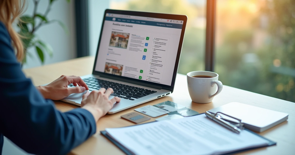 Pessoa preparando documentos com laptop aberto e checklist de passos para participar de leilão imobiliário na tela 