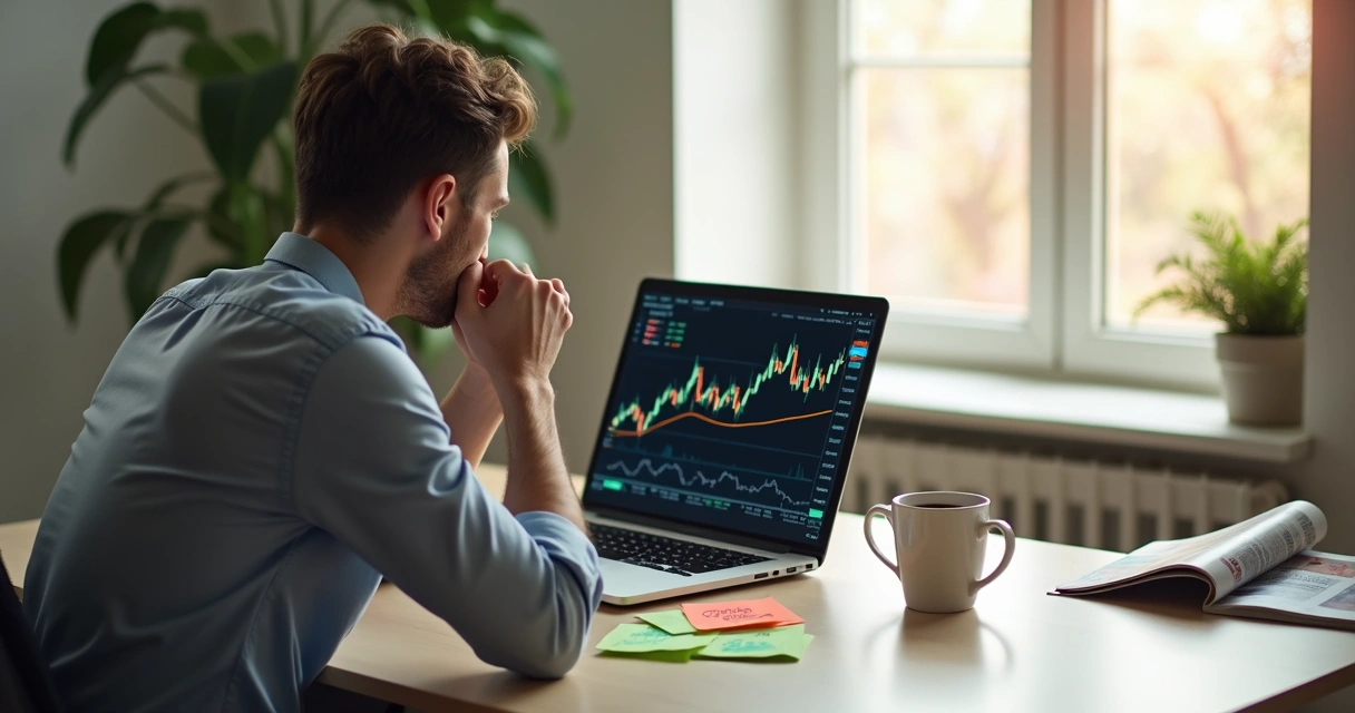 Pessoa iniciando trading automatizado em laptop com gráficos abertos 