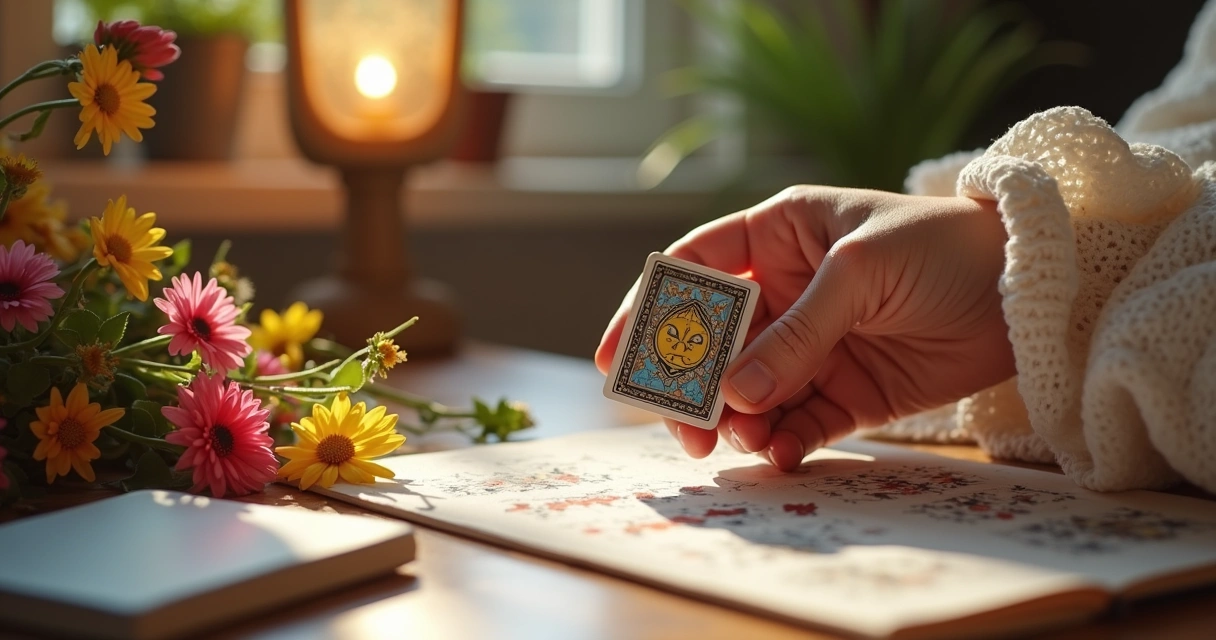 Pessoa iniciando uso do baralho cigano em mesa com flores coloridas 