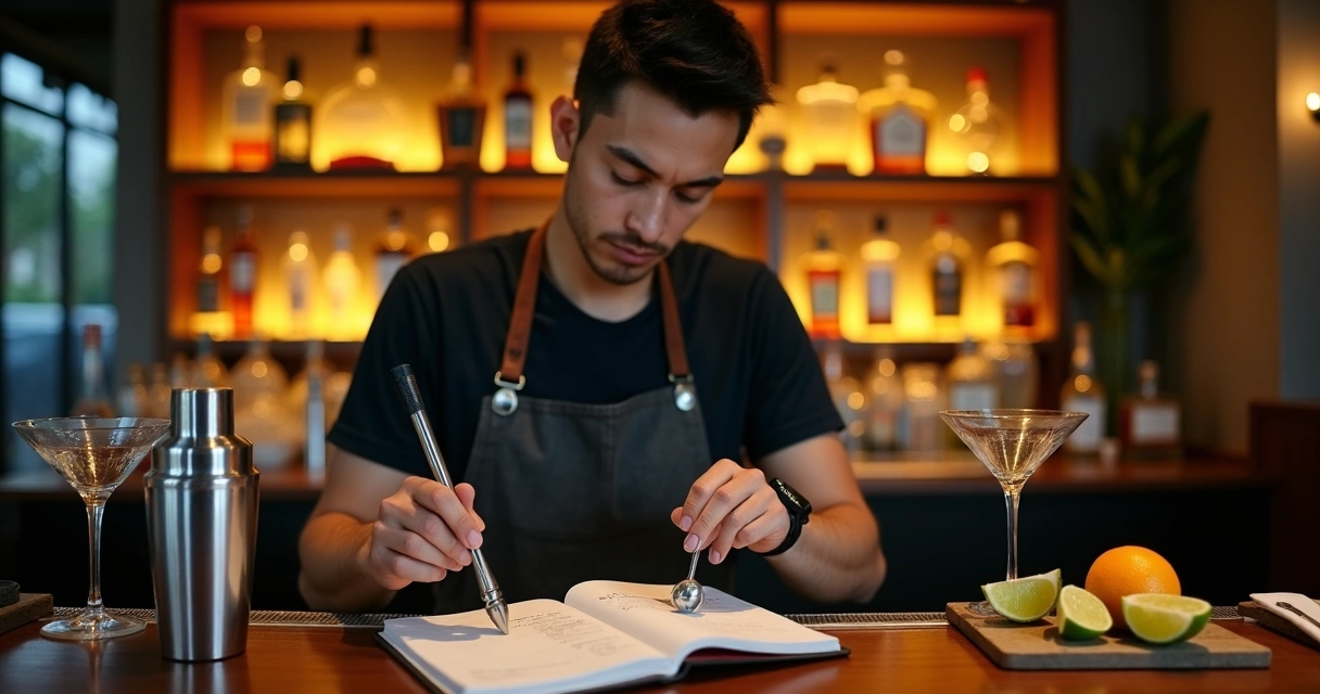 Jovem aprendiz bartender estudando receitas em caderno atrás do balcão 