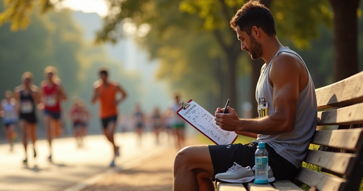Corredor iniciante sentado em banco organizando plano de treino para primeira corrida de rua 