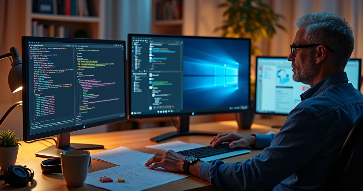 Pessoa de diferentes idades estudando Linux em ambiente caseiro com vários monitores 