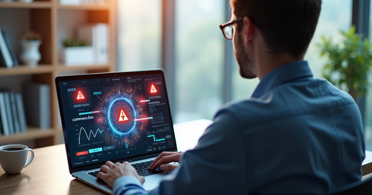 Pessoa diante de computador com representações digitais de inteligência artificial e sinais de alerta visíveis na tela 