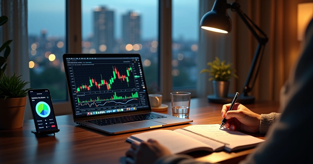 Pessoa iniciando investimentos em ações acompanhando gráficos em vários dispositivos 