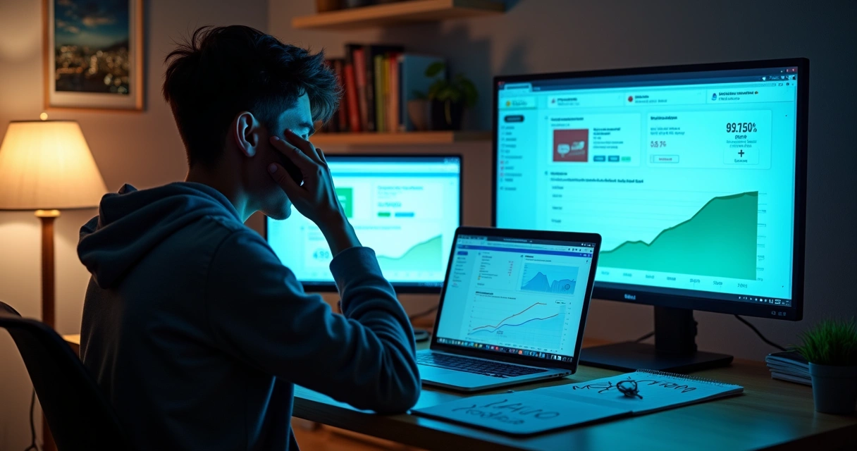 Afiliado adulto iniciante confuso diante de gráficos de vendas e ícones digitais 