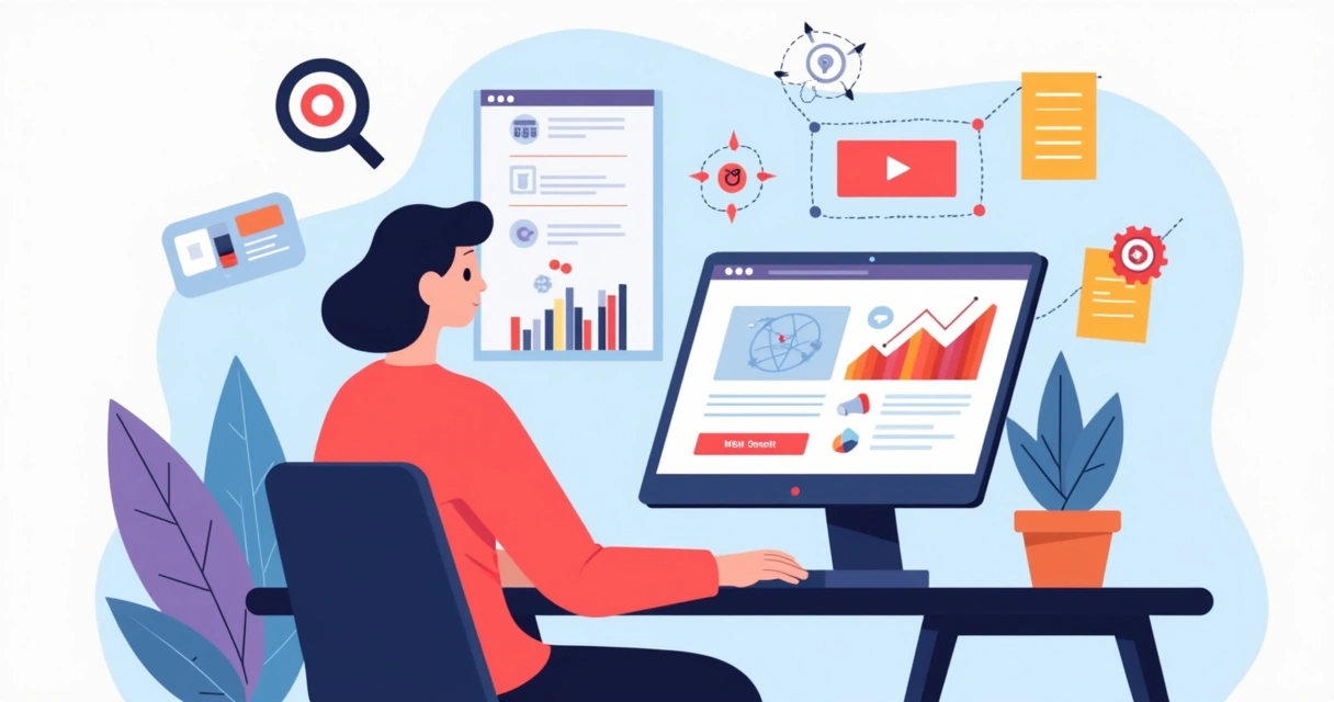 Iniciante estudando marketing digital em mesa com painéis e ícones digitais 