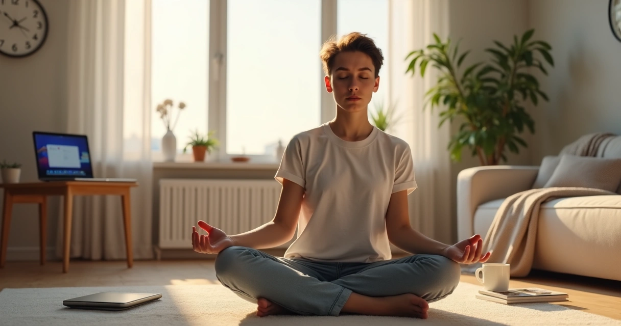 Pessoa iniciando meditação sentada em casa com distrações ao redor 