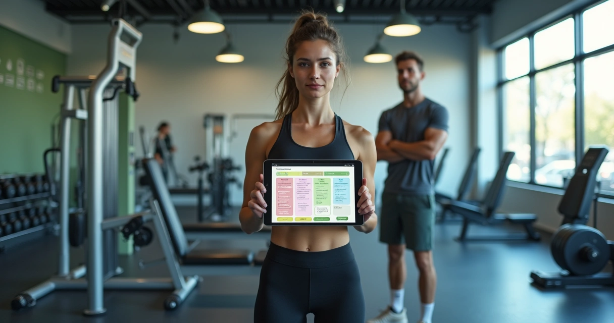 Jovem iniciante acompanhando treino de musculação seguro no tablet na academia 
