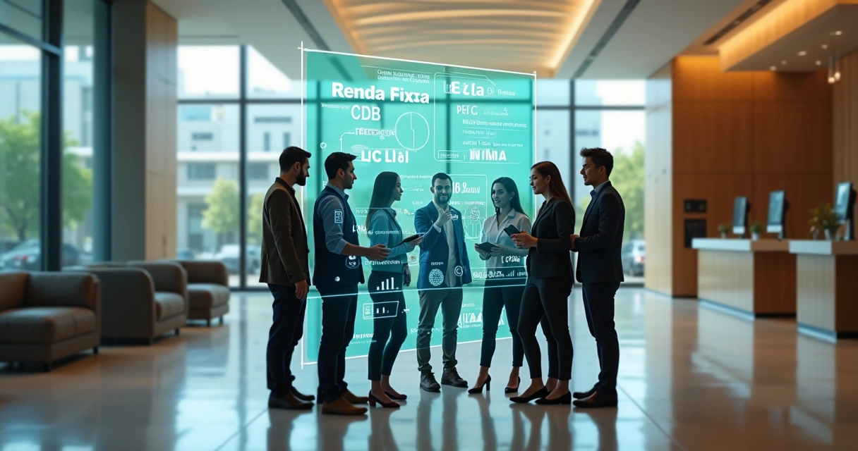 Grupo de jovens em agência bancária moderna observando termos financeiros em hologramas 