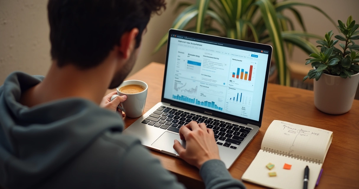 Pessoa iniciando pesquisa de copywriting com blog monetizado ao fundo