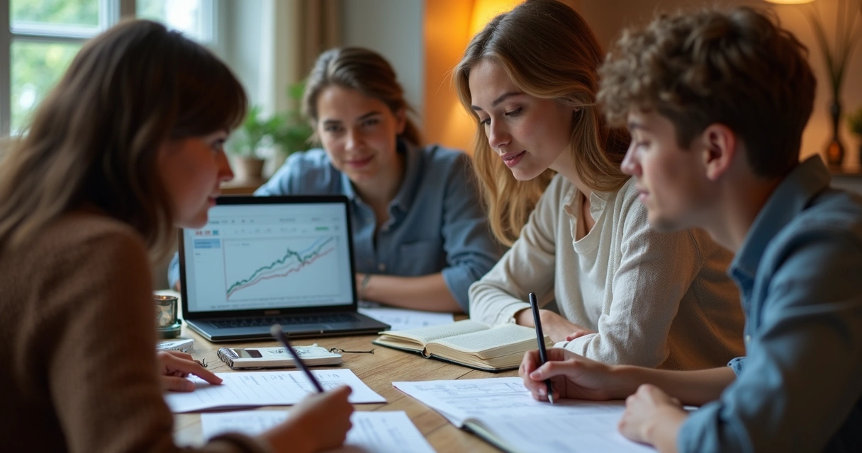 Jovens analisando gráficos e anotações em um ambiente de estudo descontraído 
