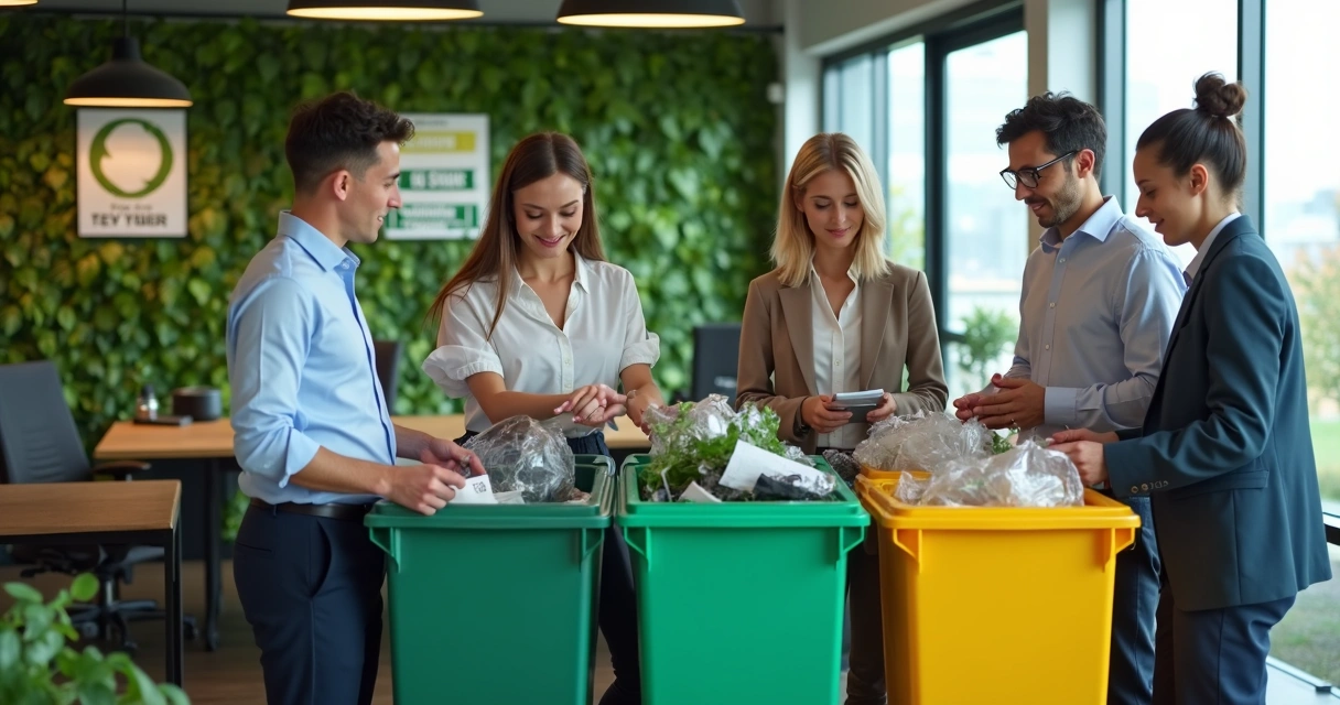 Equipe de funcionários reunida em ação de reciclagem no escritório
