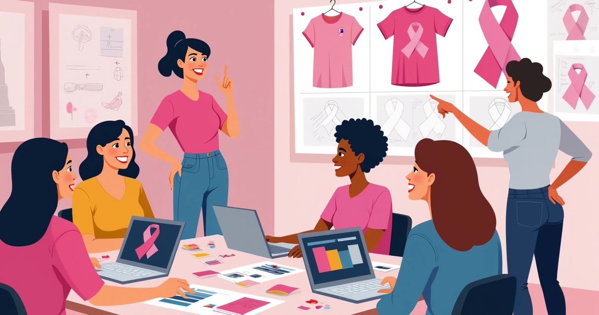 Colaboradores reunidos ao redor de uma mesa escolhendo estampas para camisetas do outubro rosa 