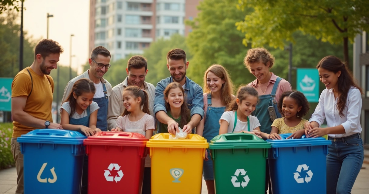 Grupo em ação de reciclagem colaborando com diferentes materiais recicláveis em local urbano 