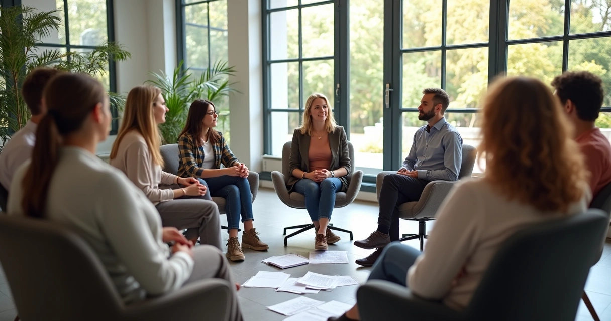 Equipe em roda de conversa no trabalho com uma facilitadora ao centro