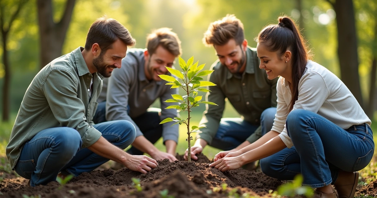 Equipe plantando árvores em ação social de responsabilidade ambiental, clima de colaboração ao ar livre