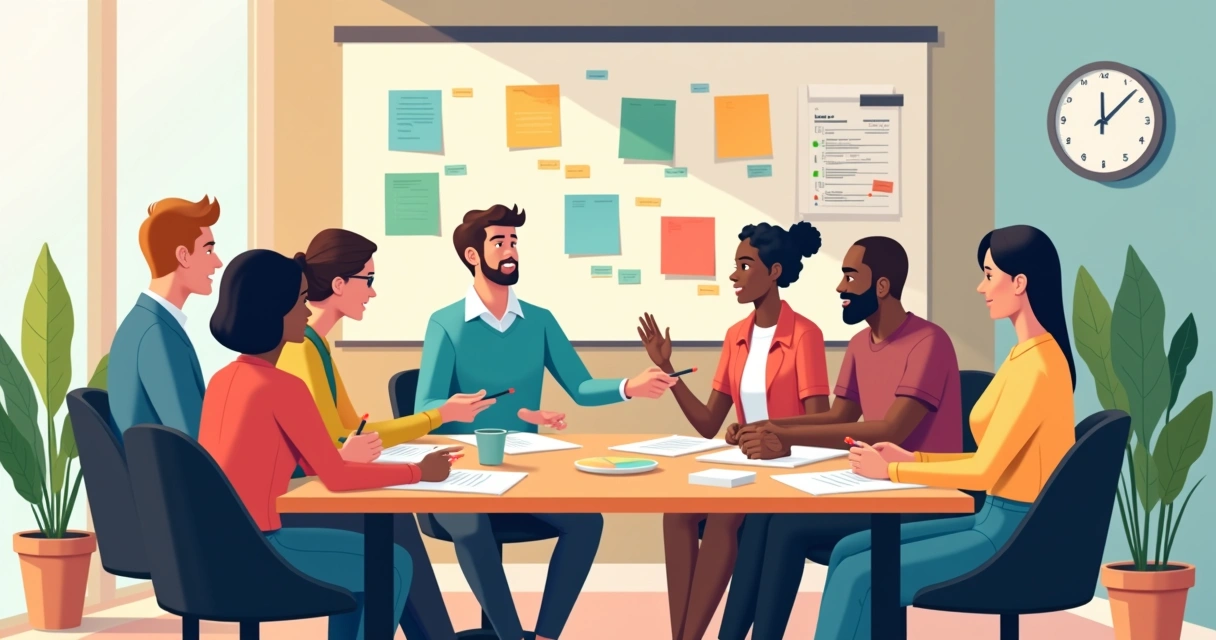 Reunião de equipe com quadros de comunicação e post-its coloridos na parede