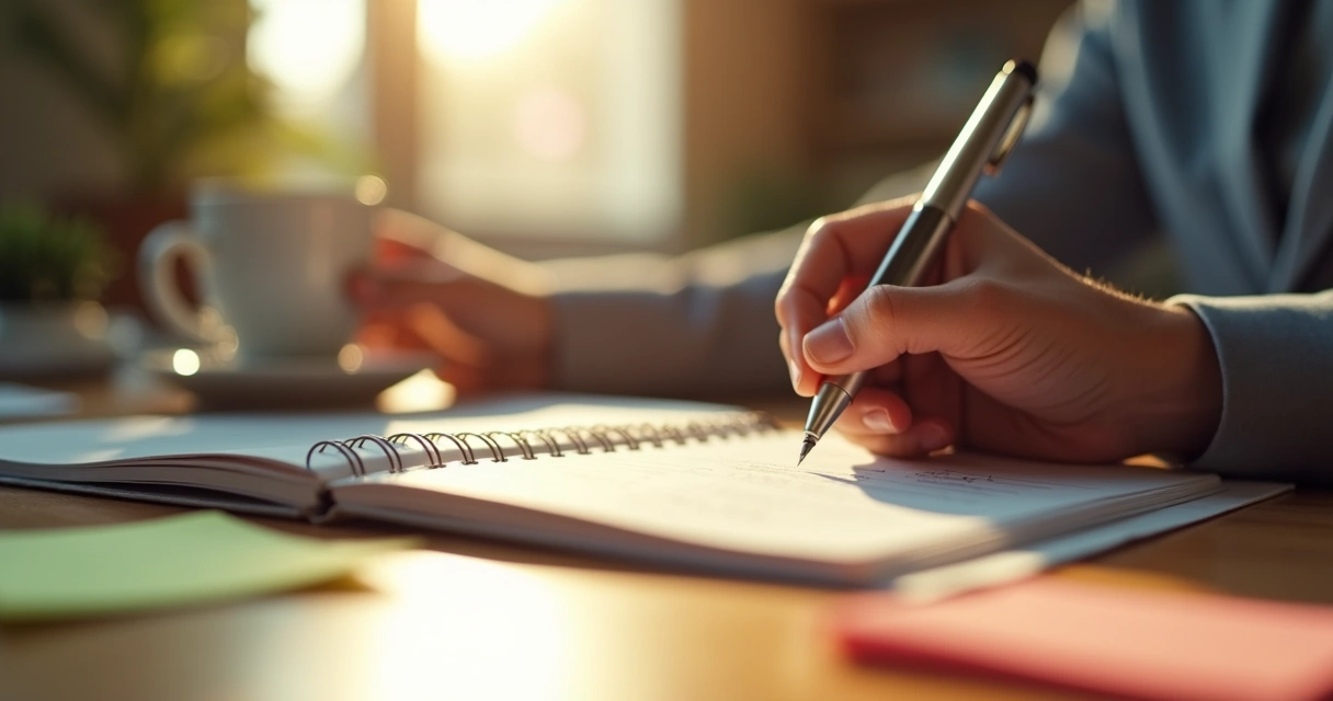 Mão segurando caneta e começando a escrever em um bloco de notas sobre uma mesa organizada.