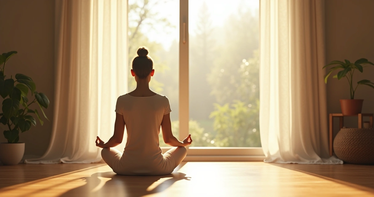 Pessoa sentada em posição de meditação próximo à janela, luz suave da manhã