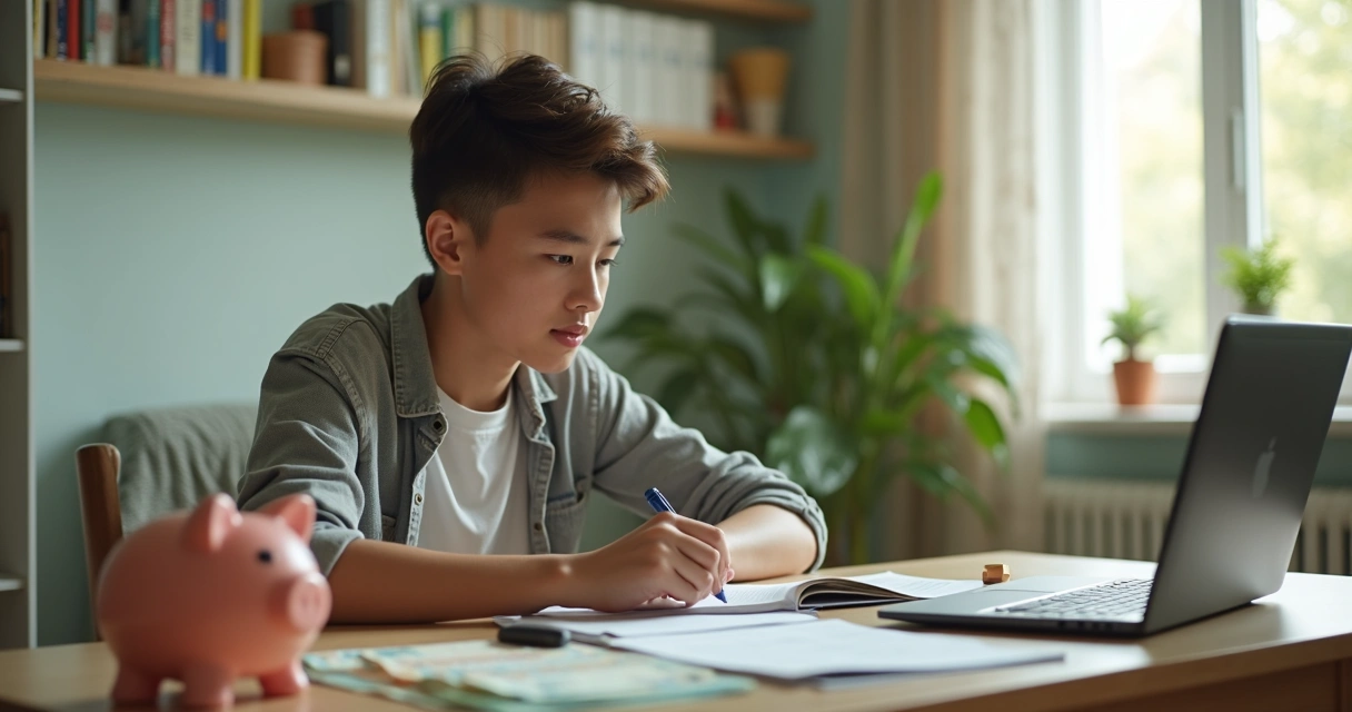 Jovem estudando finanças e separando dinheiro em casa 