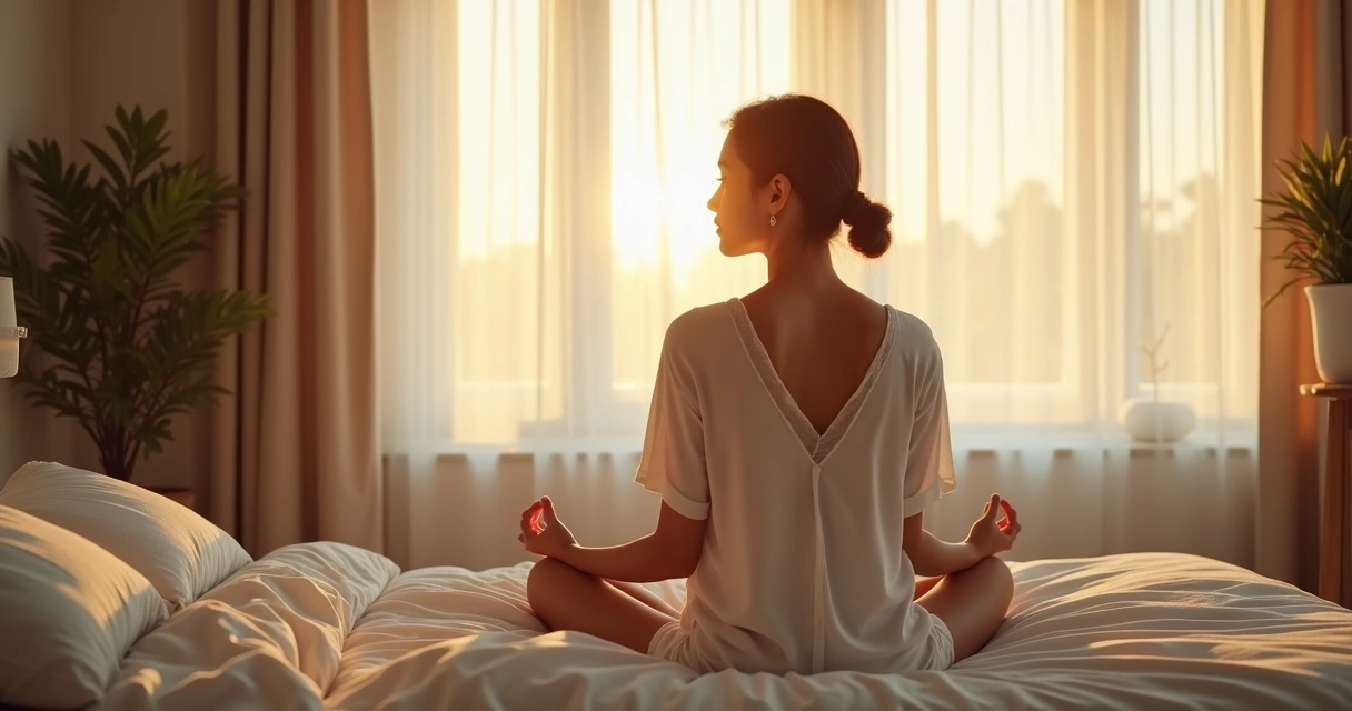 Pessoa sentada na cama olhando pela janela, luz suave do amanhecer 