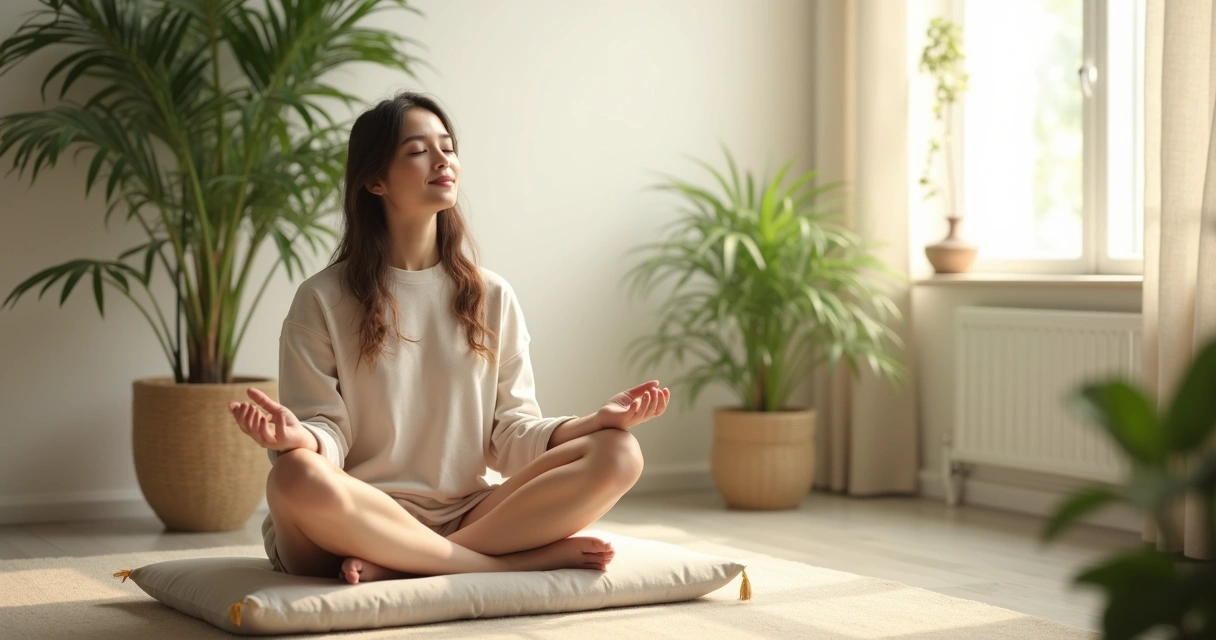 Pessoa sentada em postura de meditação em ambiente tranquilo 