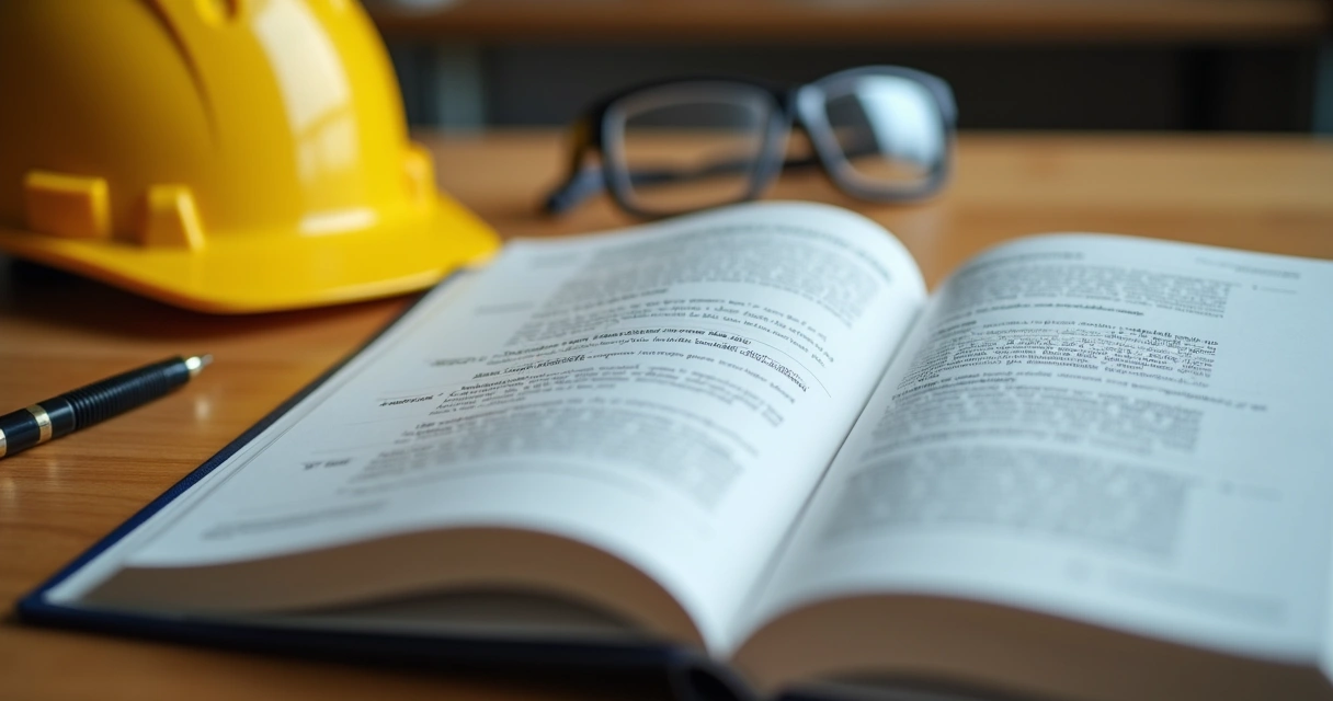 Livro aberto com Normas Regulamentadoras e capacete de segurança 