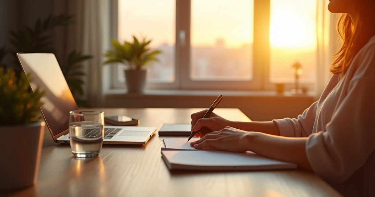 Persona escribiendo intenciones junto a una ventana al amanecer