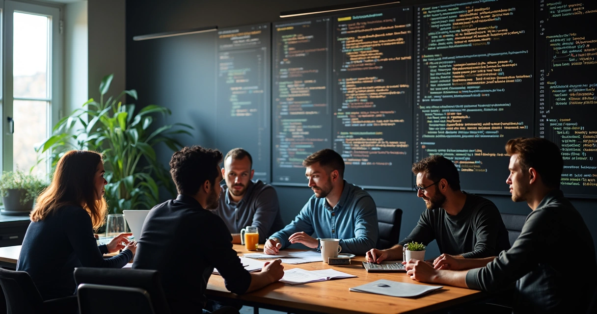 Desenvolvedores colaborando em um quadro branco digital 