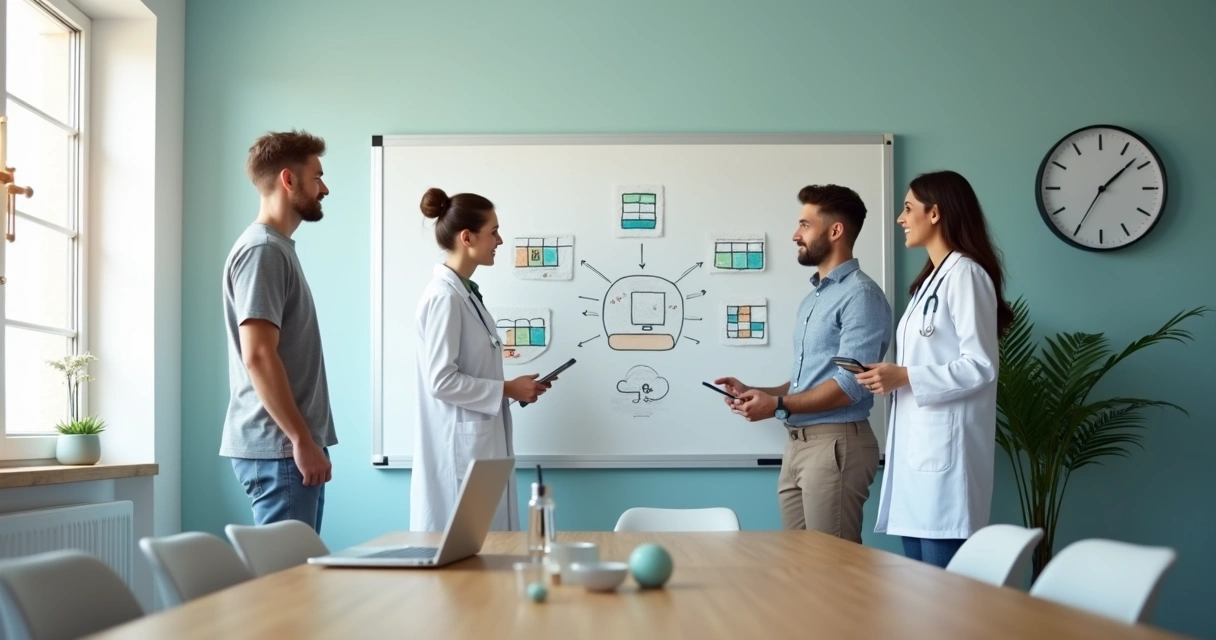 Equipe de clínica traça plano de processos digitais em quadro branco com ícones de tecnologia 
