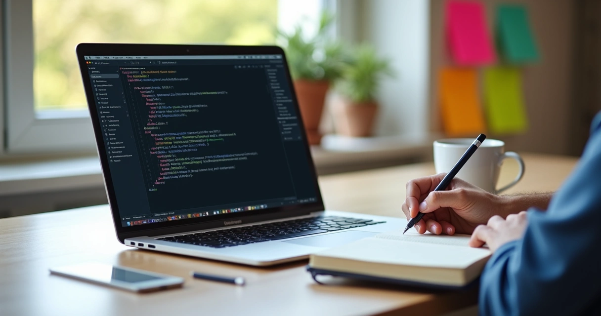 Notebook com tela de código Python e anotações ao lado 