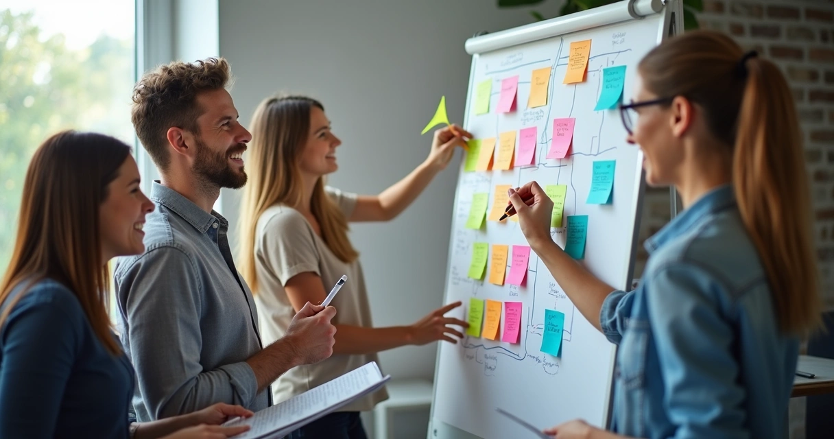 Equipe pequena escrevendo ideias em quadro SCRUM, início do projeto 