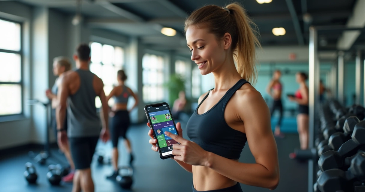 Pessoa pronta para iniciar treino de musculação com app no celular 