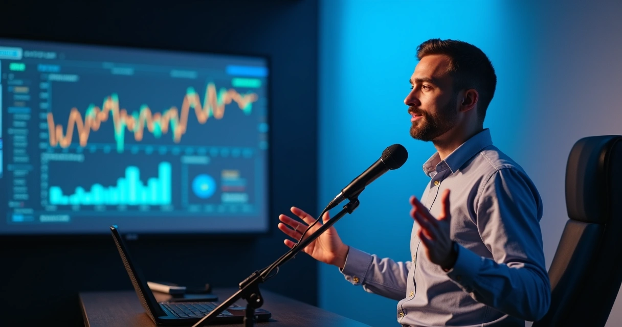 Apresentador com microfone em frente à câmera no estúdio, luz azul 