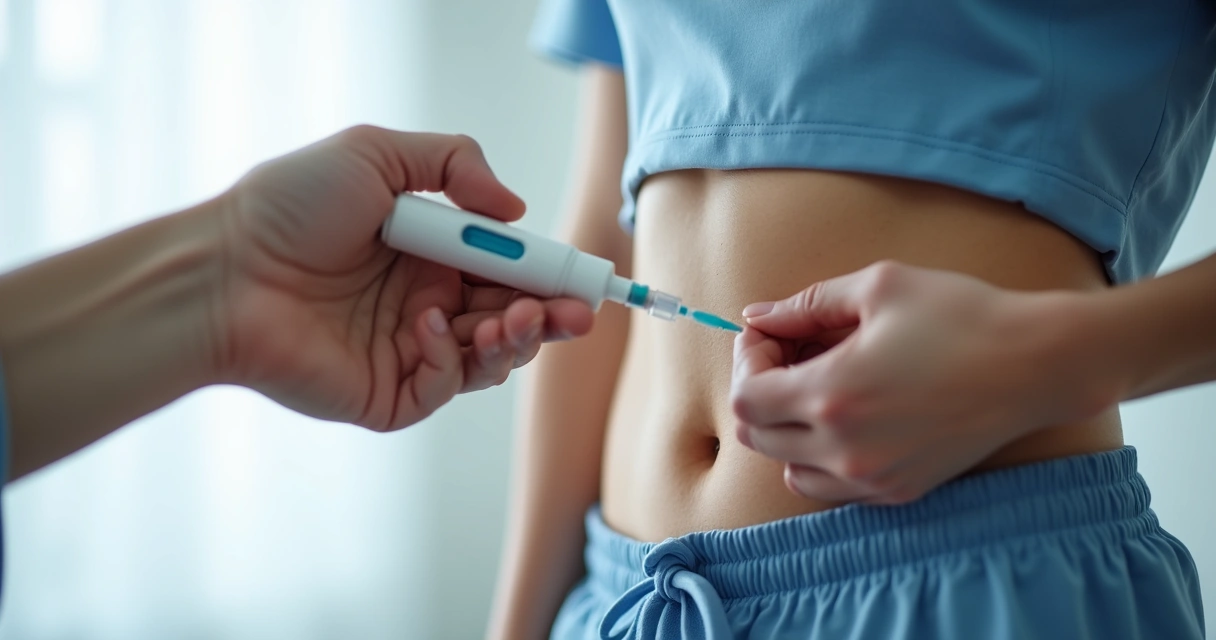 Pessoa segura caneta para emagrecimento sobre a barriga, pronta para aplicar. 